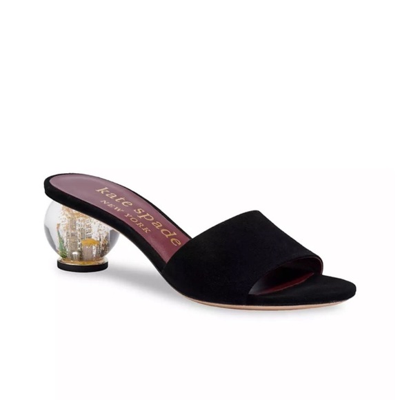 KATE SPADE NY Polished Black Suede Open Toe Snow Globe Clear Ball Heel Sandals - Picture 2 of 13